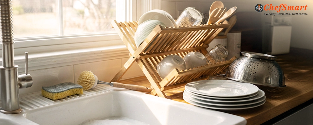 A wooden drying rack on a sunlit kitchen counter holding clean ceramic bowls, a stainless steel colander, and wooden utensils next to a sink and scrub brush, illustrating the importance of thoroughly drying kitchen accessories to prevent damage.
