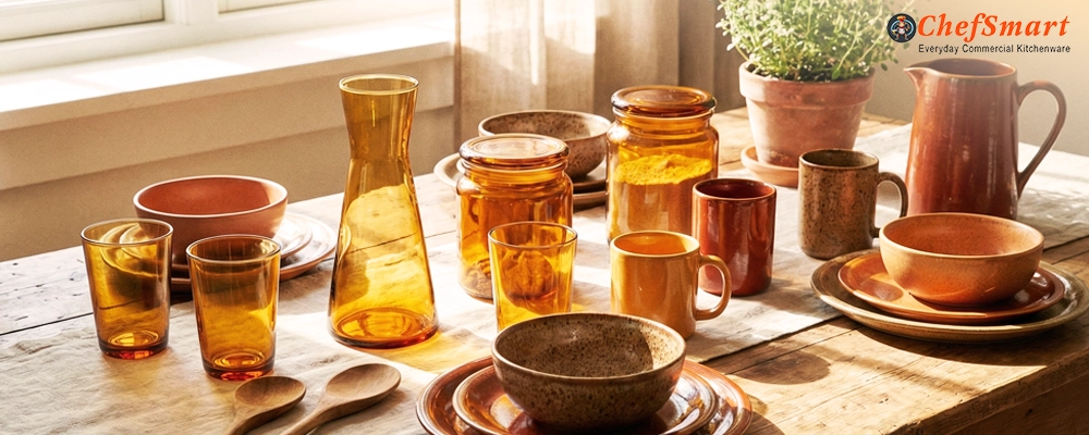 A stylish arrangement of ChefSmart amber glassware and ceramic bowls on a sunlit table, representing delicate kitchen accessories that require gentle cleaning and careful storage to avoid breakage.